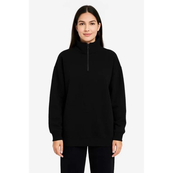 Lucky Life Üç İplik Dık Yaka Yarım Fermuarlı SweatShirt - Siyah - 3