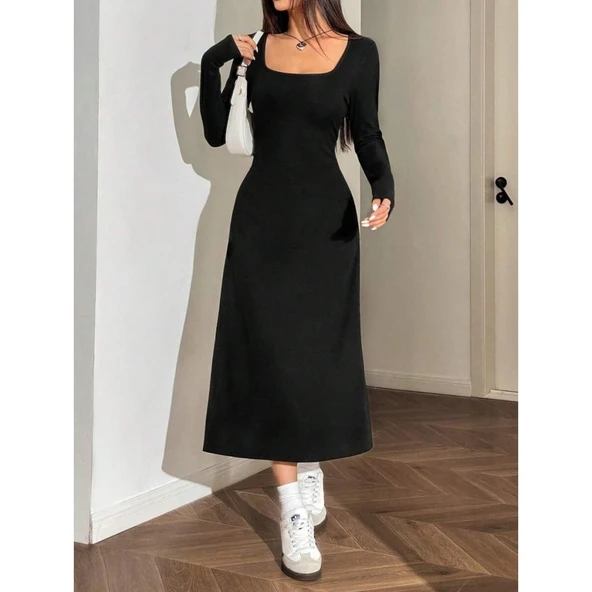 Lucky Life Kadın Uzun Kollu Kare Yaka Midi Kaşkorse Elbise - Resim 11