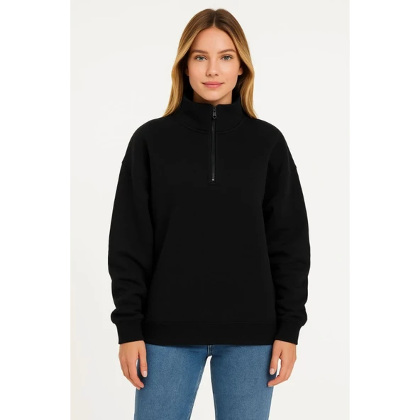 Lucky Life Üç İplik Dık Yaka Yarım Fermuarlı SweatShirt - Siyah - 4