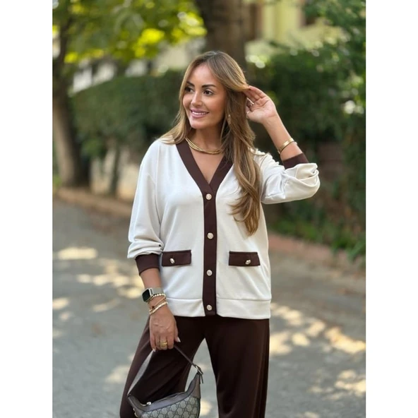 Lucky Life Kadın Uzun Kollu Ribanali Cep Detay Hırka Ve Bol Paça Pantolon Ikili Takım - 9