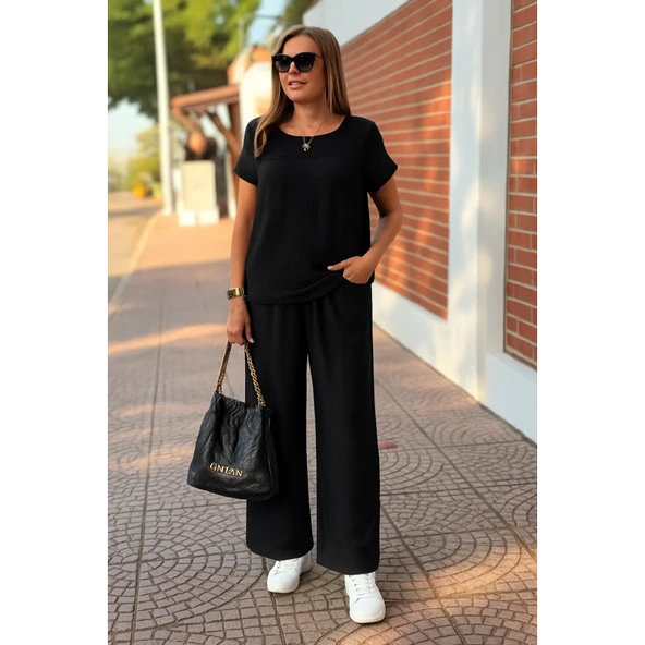 Lucky Life Kadın Kısa Kollu Yakası Açık Aerobin Bluz Ve Pantolon Ikili Takım - Resim 3