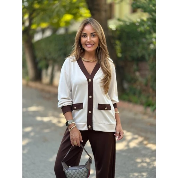 Lucky Life Kadın Uzun Kollu Ribanali Cep Detay Hırka Ve Bol Paça Pantolon Ikili Takım - 8