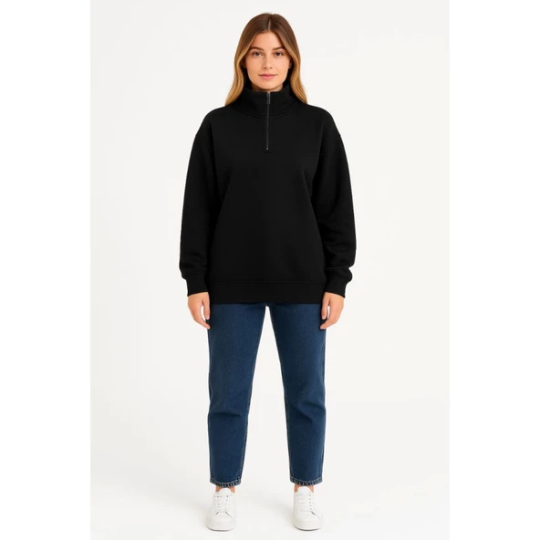 Lucky Life Üç İplik Dık Yaka Yarım Fermuarlı SweatShirt - Siyah