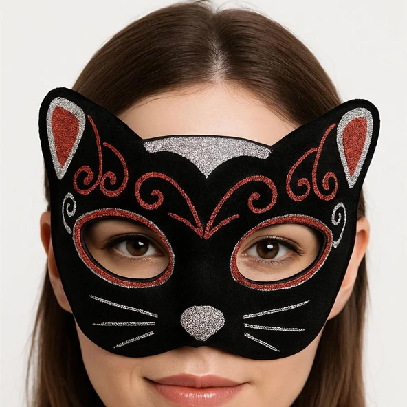 Kadife Dokulu Sim Detaylı Işıltılı Kedi Maskesi Kırmızı Gümüş 20x13 cm ürün görseli