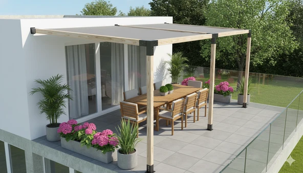 iAhşap Breketli Sundurma Pergola 3 Ana Direkli Gölgelikli Sundurma