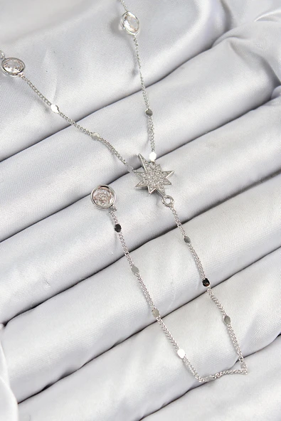 Pirinç Zirkon Taşlı Kutup Yıldızı Model Gümüş Renk Y Kolye - TJ-BKO10453 ürün görseli