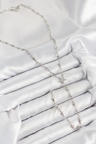 Pirinç Zirkon Taşlı Yıldız Model Gümüş Renk Y Kolye - TJ-BKO10458 - Resim 2