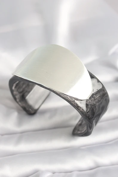 Siyah Mermer Desen Akrilik Plastik Gümüş Oval Plaka Model Vintage Kadın Bilezik - TJ-BB6673 ürün görseli