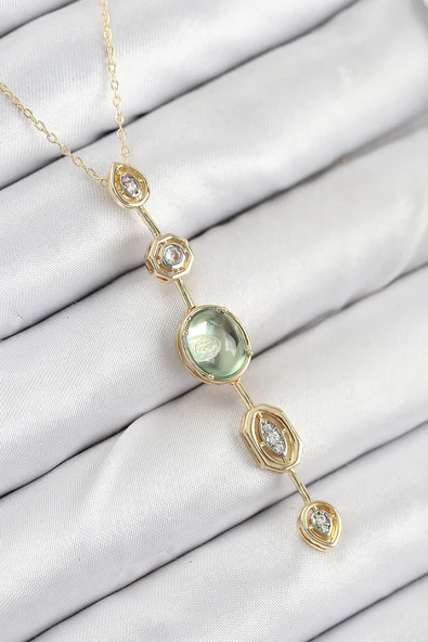 Pirinç Zincir Yeşil Gold Renk Zirkon Taşlı Y Kolye - TJ-BKO10557 ürün görseli