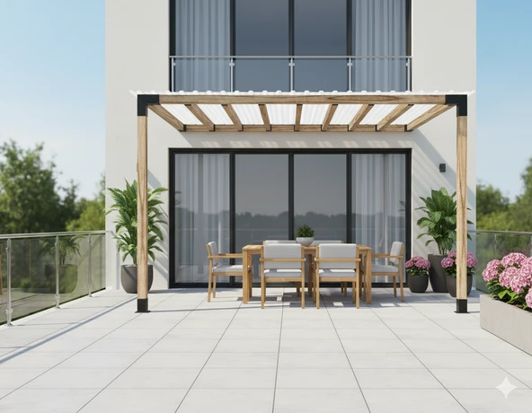 iAhşap Sundurma Pergola Braket Seti 2 Ana Direkli Trapez Sac Gölgelikli
