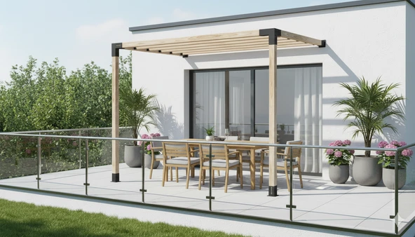 iAhşap Sundurma Pergola Braket Seti 2 Ana Direkli Üstü Izgaralı Eğimli Sundurma