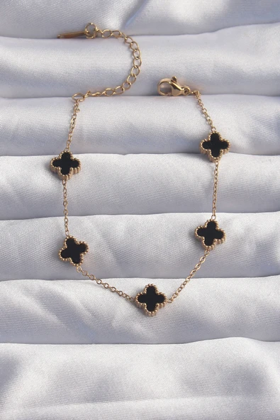 316L Çelik Baby Boy Gold Renk Siyah Mineli Yonca Bileklik - TJ-BB6276 ürün görseli