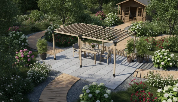 iAhşap Pergola Braket Seti 6 Ana Direkli Üstü Izgaralı Eğimli Pergola Braket Set