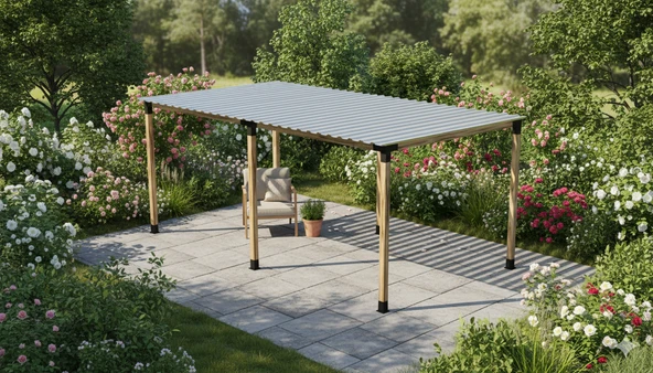 iAhşap Pergola Braket Seti 6 Ana Direkli Üstü Izgaralı Eğimli Trapezli Gölgelik