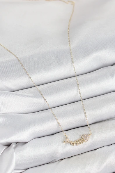 Pirinç Zirkon Taşlı Balık Kılçığı Model Gold Renk Kadın Kolye - TJ-BKO10412 - Resim 2