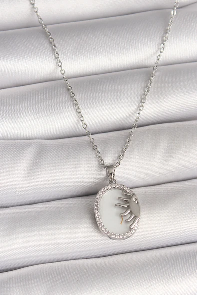 316L Çelik Gümüş Renk Zincir Beyaz Mineli Gün Batımı Model Zirkon Taş Detaylı Kadın Kolye - TJ-BKO10003 ürün görseli