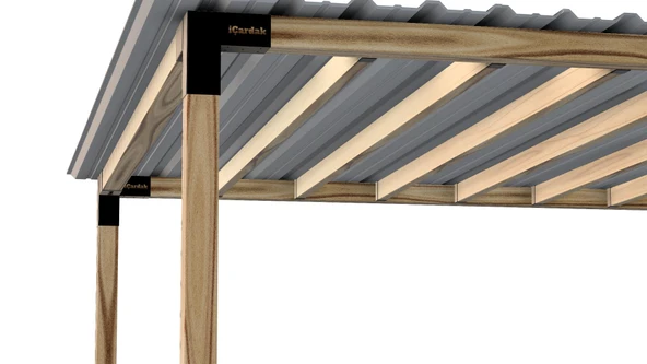 iAhşap Pergola Braket Seti 4 Ana Direkli Üstü Izgaralı Eğimli Trapez Sac - 3