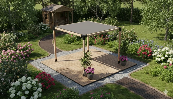 iAhşap Pergola Braket Seti 4 Ana Direkli Üstü Izgaralı Eğimli Gölgelikli Pergola