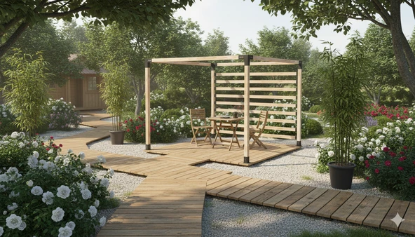 iAhşap Pergola Braket Seti 4 Ana Direkli - Yan Seperatörlü Üstü Açık