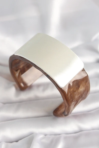 Kahverengi Mermer Desen Akrilik Plastik Gümüş Dikdörtgen Plaka Vintage Kadın Bilezik - TJ-BB6676 ürün görseli