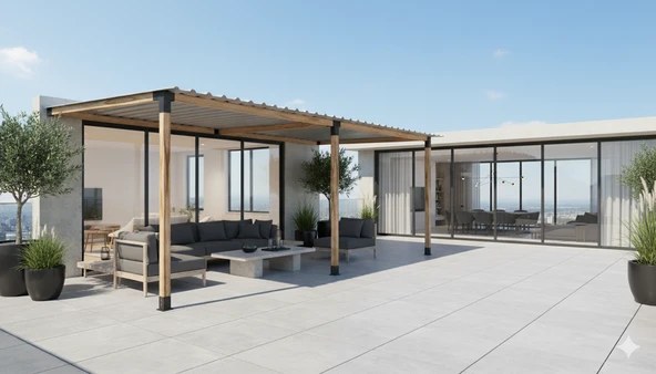 iAhşap Breketli Sundurma Pergola 3 Ana Direkli Trapezli Gölgelikli