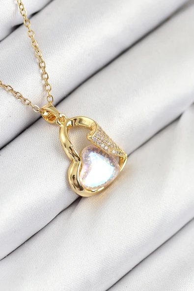 316L Çelik Zirkon Taşlı Kalp Model Gold Renk Kadın Kolye - TJ-BKO10523 ürün görseli