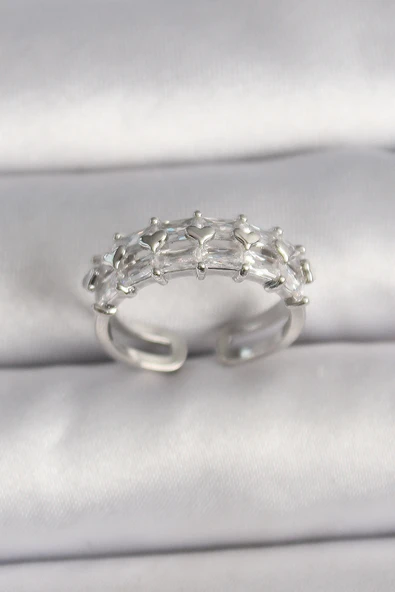 Pirinç Gümüş Renk Zirkon Taşlı Ayarlanabilir Yüzük - TJ-BYK3544 ürün görseli