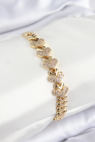 Pirinç Zirkon Taşlı Kalp Model Gold Renk Kadın Bileklik - TJ-BB7562 ürün görseli