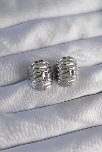 Pirinç Gümüş Renk Tırtıklı Minimal Bombeli Tasarım Küpe - TJ-BKP9081 ürün görseli