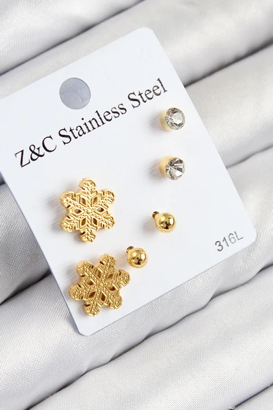 316L Çelik Zirkon Taşlı Kar Tanesi Model Gold Renk Kadın Set Küpe - TJ-BKP11122 ürün görseli