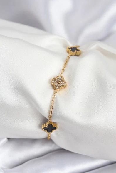 316L Çelik Gold Renk Siyah ve Zirkon Taşlı Baby Boy Yonca Kadın Bileklik - TJ-BB7953 ürün görseli