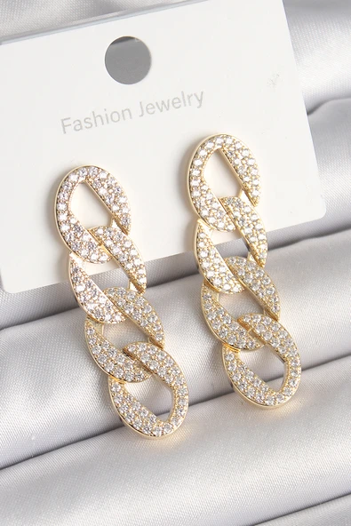 Pirinç Gold Renk Zirkon Taşlı Zincir Model Kadın Küpe - TJ-BKP10202 ürün görseli