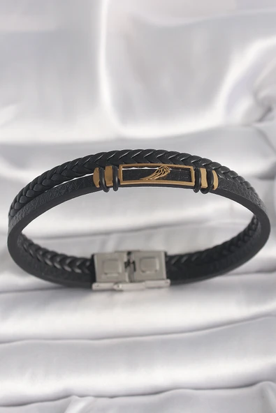 316L Çelik Gold Renk Kanat Aksesuarlı Siyah Burgu Model Deri Kordon Erkek Bileklik - TJ-EB3703 ürün görseli