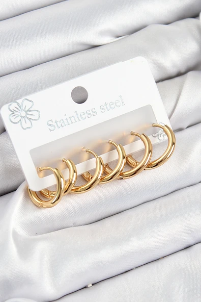 316L Çelik Halka Model Gold Renk 3'lü Set Kadın Küpe - TJ-BKP10983 ürün görseli
