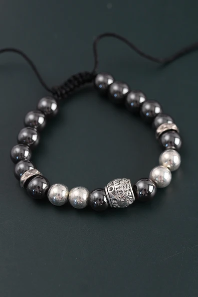 Doğal Taş Family Model Gümüş Ve Füme Renk Asansörlü Erkek Bileklik - TJ-EB3760 - 4