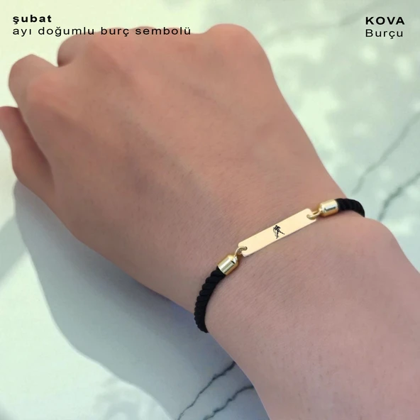 14 Ayar Altın Plakalı Burca Özel Dikdörtgen Figürlü Siyah Örgü İpli Hediye Bileklik-555 - Resim 2