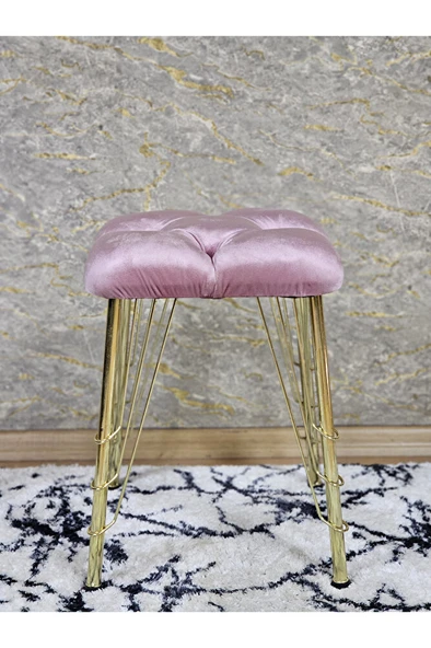 Kare Gold Kaplama Telli Ayaklı Tabure - Oturak - Bar Taburesi - Ayaklı Tabure Pembe Renk 48 x 33 Boyut/Ebat - Resim 3