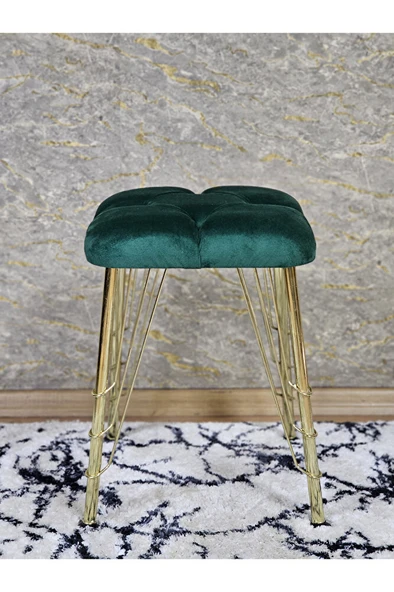 Kare Gold Kaplama Telli Ayaklı Tabure - Oturak - Bar Taburesi - Ayaklı Tabure Yeşil Renk 48 x 33 Boyut/Ebat - 3