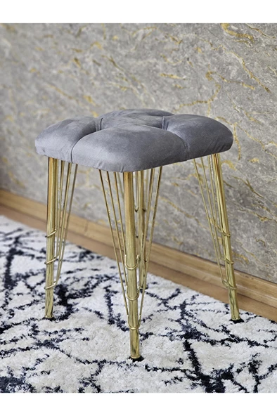 Kare Gold Kaplama Telli Ayaklı Tabure - Oturak - Bar Taburesi - Ayaklı Tabure Gri Renk 48 x 33 Boyut/Ebat - Resim 4