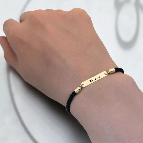 14 Ayar Altın Plakalı İsme Özel Dikdörtgen Figürlü Siyah Örgü İpli Hediye Bileklik-555 - Resim 2