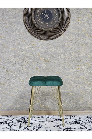 Kare Gold Kaplama Telli Ayaklı Tabure - Oturak - Bar Taburesi - Ayaklı Tabure Yeşil Renk 48 x 33 Boyut/Ebat - 2