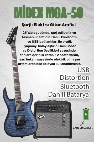 Midex Crade-50AMP Blue Rosewood Super Strat Kasa HH Yüksek Kaliteli 50W Amfili Elektro Gitar Seti - Resim 2