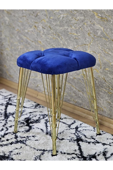 Kare Gold Kaplama Telli Ayaklı Tabure - Oturak - Bar Taburesi - Ayaklı Tabure Mavi Renk 48 x 33 Boyut/Ebat - Resim 4