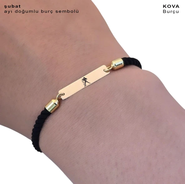 14 Ayar Altın Plakalı Burca Özel Dikdörtgen Figürlü Siyah Örgü İpli Hediye Bileklik-555 - Resim 3