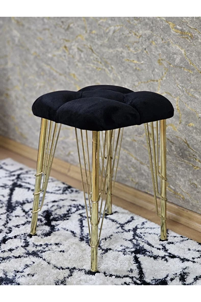 Kare Gold Kaplama Telli Ayaklı Tabure - Oturak - Bar Taburesi - Ayaklı Tabure Siyah Renk 48 x 33 Boyut/Ebat - 4
