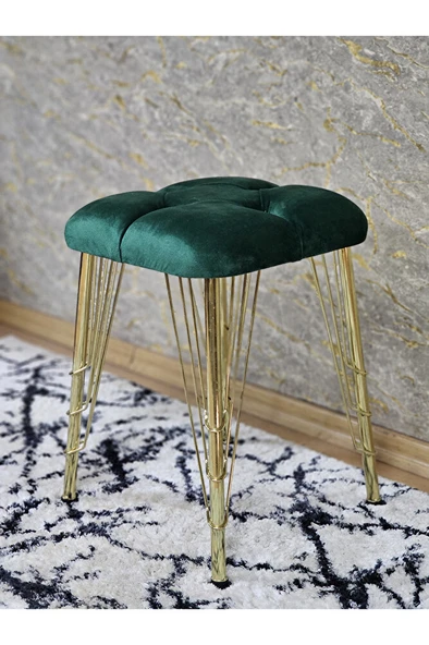 Kare Gold Kaplama Telli Ayaklı Tabure - Oturak - Bar Taburesi - Ayaklı Tabure Yeşil Renk 48 x 33 Boyut/Ebat - 4