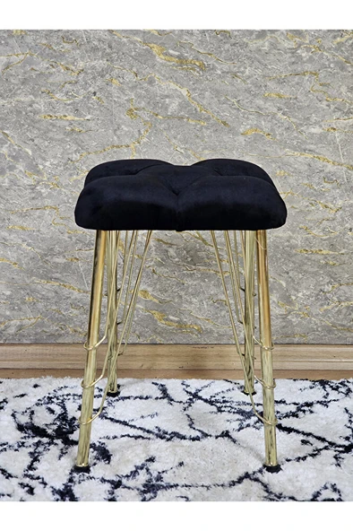 Kare Gold Kaplama Telli Ayaklı Tabure - Oturak - Bar Taburesi - Ayaklı Tabure Siyah Renk 48 x 33 Boyut/Ebat - 3