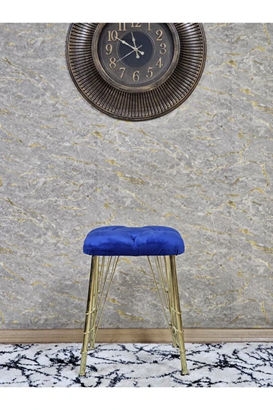 Kare Gold Kaplama Telli Ayaklı Tabure - Oturak - Bar Taburesi - Ayaklı Tabure Mavi Renk 48 x 33 Boyut/Ebat - Resim 2