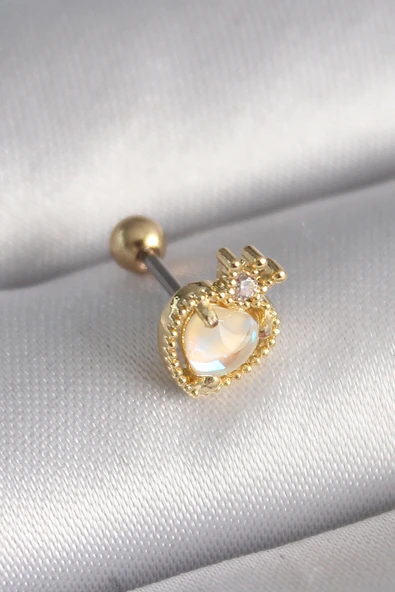 316L Çelik Gold Renk Beyaz Mineli Kalp Zirkon Taş Detaylı Taç Tragus Piercing - TJ-PR1262 ürün görseli