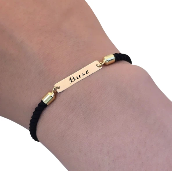 14 Ayar Altın Plakalı İsme Özel Dikdörtgen Figürlü Siyah Örgü İpli Hediye Bileklik-555 - Resim 3